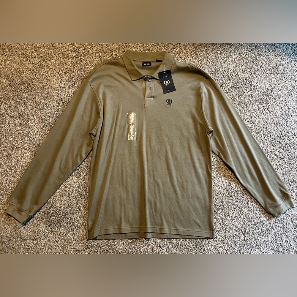 Izod Men’s Green Long Sleeve 2-Button Collared Polo Size XLarge 100% Cotton NWT!